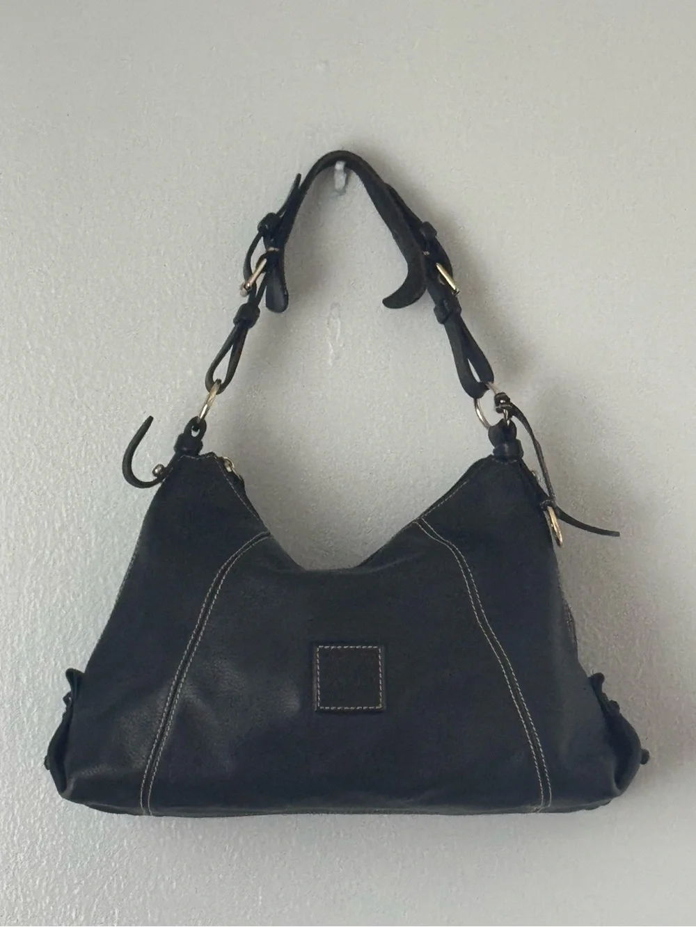 Dooney & Bourke Black Leather Hobo Shoulder Bag Contrast Stitching